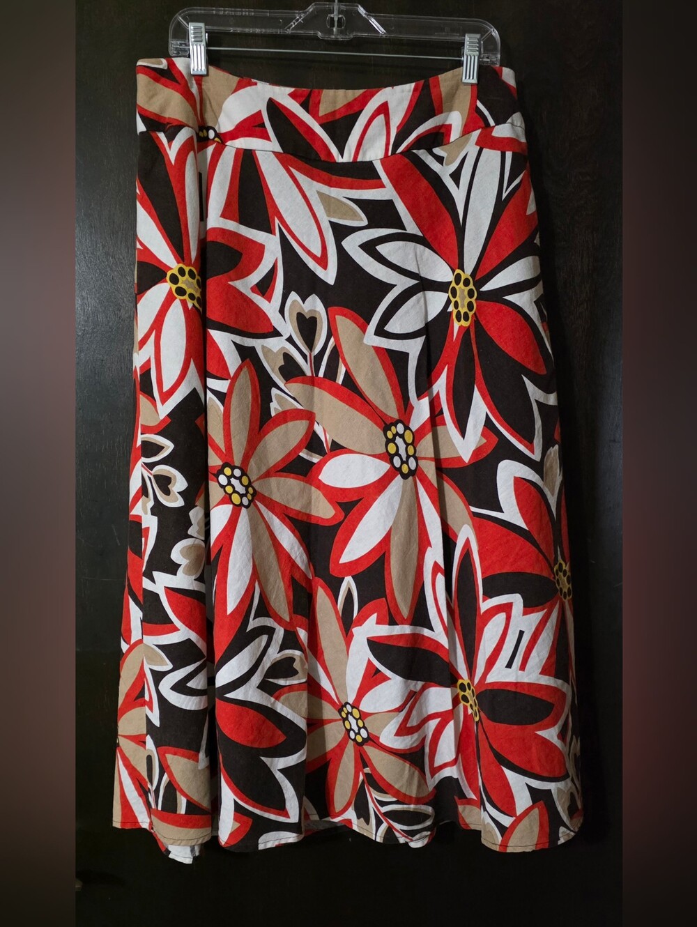Cato Floral Circle Midi Skirt in Red White & Tan Lined Linen Blend Size 14/16W